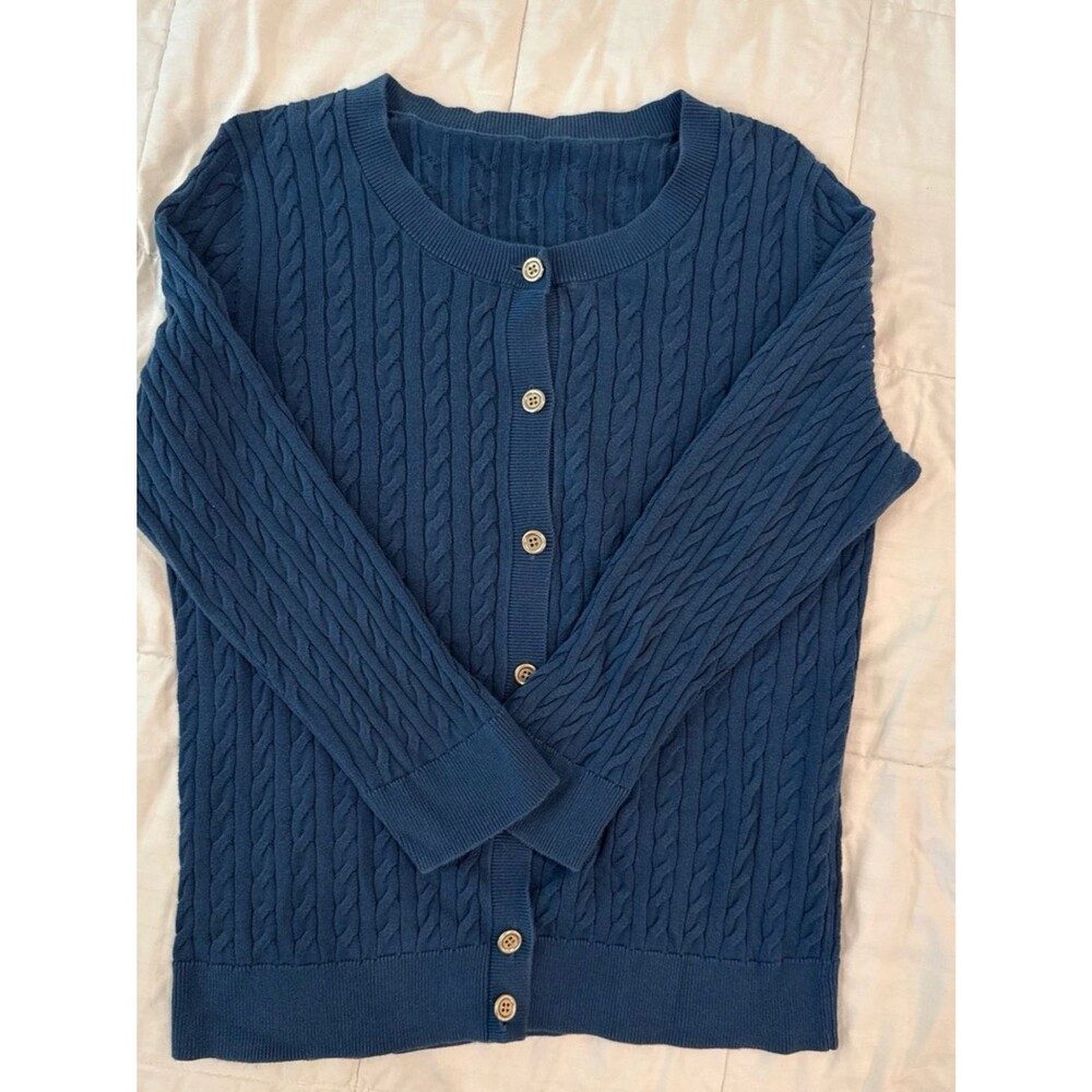 Classic Women's Cable Knit Coastal Cardigan Sweater, Blue, Size Small